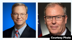 谷歌前首席執行官埃里克·施密特（Eric Sc​​hmidt ）（左）和美國前副國防部長沃克(Robert Work)是國家人工智能安全委員會的正副主席