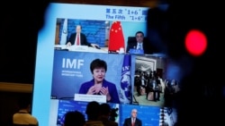 资料照片：国际货币基金组织总干事、前世界银行行长格奥尔基耶娃在北京举行的第五次“1+6”圆桌对话后通过视频连线参加一次记者会。(2020年11月24日)