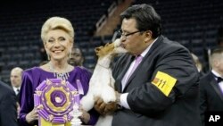 在纽约举行的威斯敏斯特犬展上，评委丽贾娜•莱宁斯（左）与训犬师加布里埃尔•兰格尔与赢得最高大奖的硬毛猎狐梗“天空”(Sky)亲切合影。(2014年2月11日)