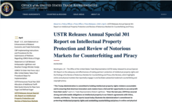 美国贸易代表办公室在4月29日发布的2020年度知识产权保护特别301报告中，继续将中国列入“重点观察国家”名单 (USTR 网站截图)