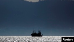 塞拉利昂弗里敦附近水域下锚停泊的一艘中国渔船(2012年11月资料照片)