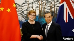 澳大利亞外長佩恩和中國外長王毅在北京釣魚台國賓館舉行記者會時握手。（2018年11月8日） 