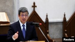 台灣副總統陳建仁在台北一次活動中講話。（2018年3月10日）