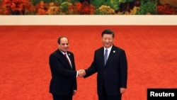 資料照片：2018年9月3日在北京人民大會堂舉行的中非合作論壇期間，埃及總統阿卜杜勒·法塔赫·塞西（左）與中國國家主席習近平握手。