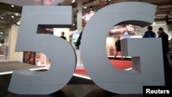 德國漢諾威貿易博覽會上的5G標識。（2019年3月31日） 