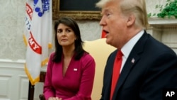 FILE - President Donald Trump speaks during a meeting with outgoing U.S. Ambassador to the United Nations Nikki Haley in the Oval Office of the White House, Oct. 9, 2018.