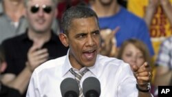 美國總統奧巴馬星期六在愛荷華州發表競選演講