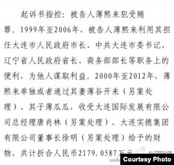 起訴書指控：被告人薄熙來犯受賄罪。（照片來源：濟南中院微博）