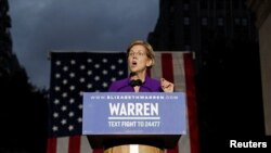 U.S. Senator and Democratic presidential candidate Elizabeth Warren speaks at Washington Square Park in New York, Sept. 16, 2019. 