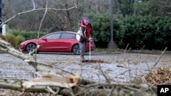 ນາງ ເອ​ຣິ​ກາ ໄລ​ນ​ແບັກ ທຳ​ຄວາມ​ອະ​ນາ​ໄມ​ຊາກ​ຫັກ​ພັງ​ຈາກ​ຕົ້ນ​ໄມ້​ລົ້ມ, 20 ພ​ະ​ຈິກ 2024, ເມືອງ ອິ​ສ​ຊາ​ຄວາ, ລັດ ວໍ​ຊິ​ງ​ຕັນ. (AP Photo/Manuel Valdes)