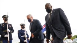 澳大利亚总理莫里森到五角大楼与美防长奥斯汀（右）会晤（路透社2021年9月22日）