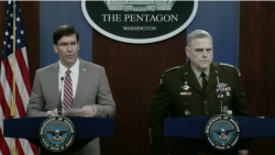 美國國防部長埃斯珀與美軍參聯會主席米利上將共同見記者（美國國防部2020年3月2日視頻截圖）