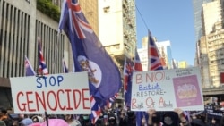 一批遊行人士高舉殖民時期港英旗幟及標語，爭取BNO護照平權。(攝影: 美國之音湯惠芸）