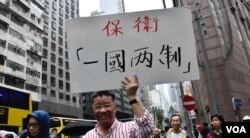 前中國全國政協委員劉夢熊高舉標語。（美國之音湯惠芸攝）