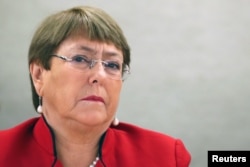 聯合國人權事務高級專員米歇爾·巴切萊特在日內瓦出席聯合國人權理事會會議。（2020年2月24日）