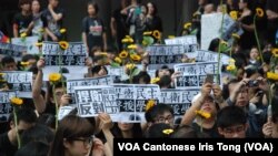 參與集會的人士手持象徵台灣反服貿的太陽花及反暴力執法標語 (美國之音湯惠芸拍攝)