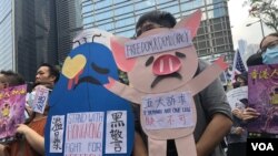 20歲的大學生李同學參與9月8日的遊行，手持自製的連登討論區表情符號”連豬”，表達爭取自由民主，反送中五大訴求，缺一不可。(攝影: 美國之音湯惠芸）