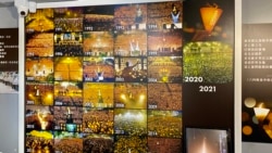 香港支聯會六四紀念館展出1990年至2020年，31年來六四晚會燭光如海的畫面，今年2021年警方再次以疫情禁止六四晚會，可能是首次維園燭海不再。(美國之音 湯惠芸拍攝)