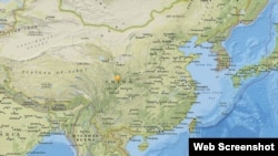 美國地質調查局最新發布的中國九寨溝縣地震地點顯示圖(2017年8月8日)