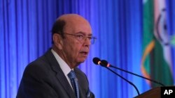 美國商務部長羅斯在印度新德里發表講話。(2019年5月7日) 