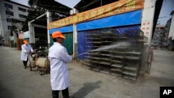 2013年上海一個批發市場工人給雞籠消毒。