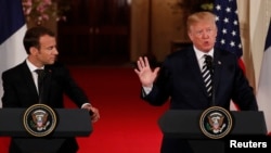 川普總統和馬克龍總統星期二會談後在白宮舉行聯合記者會