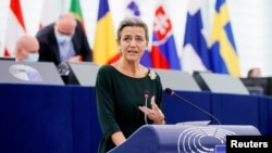 歐委會執行副主席瑪格麗特·維斯塔格在法國斯特拉斯堡歐洲議會辯論歐盟與台灣政治關係與合作問題時發表講話。 （2021年10月19日）