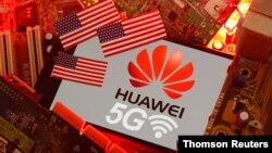 图为美国国旗及华为和5G标识。（资料图片）