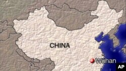 中國地圖上的紅點為武漢。