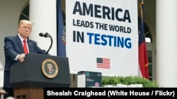 在白宮玫瑰園，美國總統特朗普聽取了一名記者的提問（2020年5月11日）。