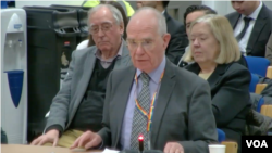 保守黨的塔村市議員彼得‧戈爾茲(Peter Golds)在聽證會上發言。 (攝影：美國之音鄭樂捷)