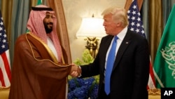 资料照：沙特阿拉伯王储穆罕默德·本·萨勒曼（Mohammed bin Salman）在利雅得会晤到访的美国总统特朗普。（2017年5月20日）
