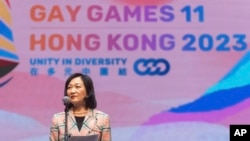 香港立法會議員葉葉淑儀於2023年11月4日於香港同樂運動會開幕典禮上致詞。 （美聯社）
