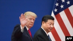 美國總統特朗普(左)和中國國家主席習近平離開北京人民大會堂舉行的商界領袖活動（2017年11月9日）。