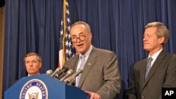 美國參議員查克·舒默(中)。（資料圖片）