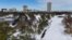 A drone picture shows snow covering Hermann Park and the downtown Houston skyline in the distance in Houston, Texas, Jan. 21, 2025. 