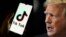 FILE - This combination of photos created on June 2, 2024, shows a smartphone displaying the TikTok logo on April 19, 2024, and U.S. President-elect Donald Trump in New York on May 30, 2024.