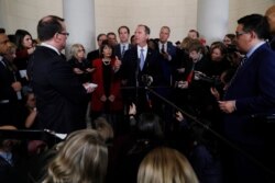 FILE - House Intelligence Committee Chairman Adam Schiff, D-Calif., talks to the media after a hearing with testimony from top U.S. diplomats in Ukraine.