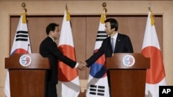 日本外相岸田文雄(左)2015年12月28日星期一在与韩国外长尹炳世会晤后在一个新闻发布会后握手。