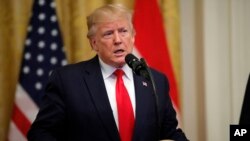 特朗普总统在椭圆形办公室对记者讲话。(2019年7月18日)