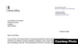英國内政部回覆奧爾頓勳爵的信件。（圖片來源：奧爾頓勳爵）