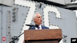 U.S. Ambassador to Japan Rahm Emanuel delivers a speech at the aircraft carrier USS Ronald Reagan at the Yokosuka U.S. Navy base on May 16, 2024. The next day, Emanuel visited two Japanese islands near Taiwan that are a point of tension between Japan and China.