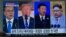 People watch a screen showing images of (L-R) South Korea's president Moon Jae-in, US president Donald Trump, China's president Xi Jinping, and North Korea's leader Kim Jong Un at a railway station in Seoul on May 11, 2018.