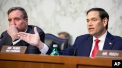 资料照片：美国国会参议院情报委员会主席马克·沃纳（左）和副主席马可·鲁比奥（右）2023年3月8日在该委员会讨论全球威胁的听证会上发言。（美联社）