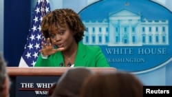 白宮新聞秘書卡琳·讓-皮埃爾2022年10月19日在白宮主持例行新聞發布會。（路透社）