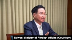 资料照 - 2021年4月28日台湾外交部长吴钊燮接受英国天空电视台驻北京亚洲记者Tom Cheshire的视频专访。（图片来自台湾外交部网站）