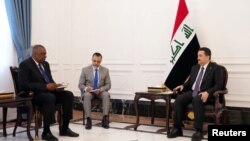 美防長奧斯汀在巴格達與伊拉克總理穆罕默德·希亞·蘇達尼舉行會談。（2023年3月7日）