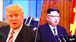 美國川普總統(左)說他的核武器按鈕比北韓領導人金正恩(右)大。