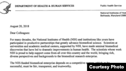 美國最大的醫學科研機構、國立衛生研究院（NIH）院長弗朗西斯柯林斯（Francis S. Collins）寫信給大約10000個NIH資助的機構，要求他們明確披露各種形式的支持和資金來源，包括來自其他外國政府和外國機構的支持。